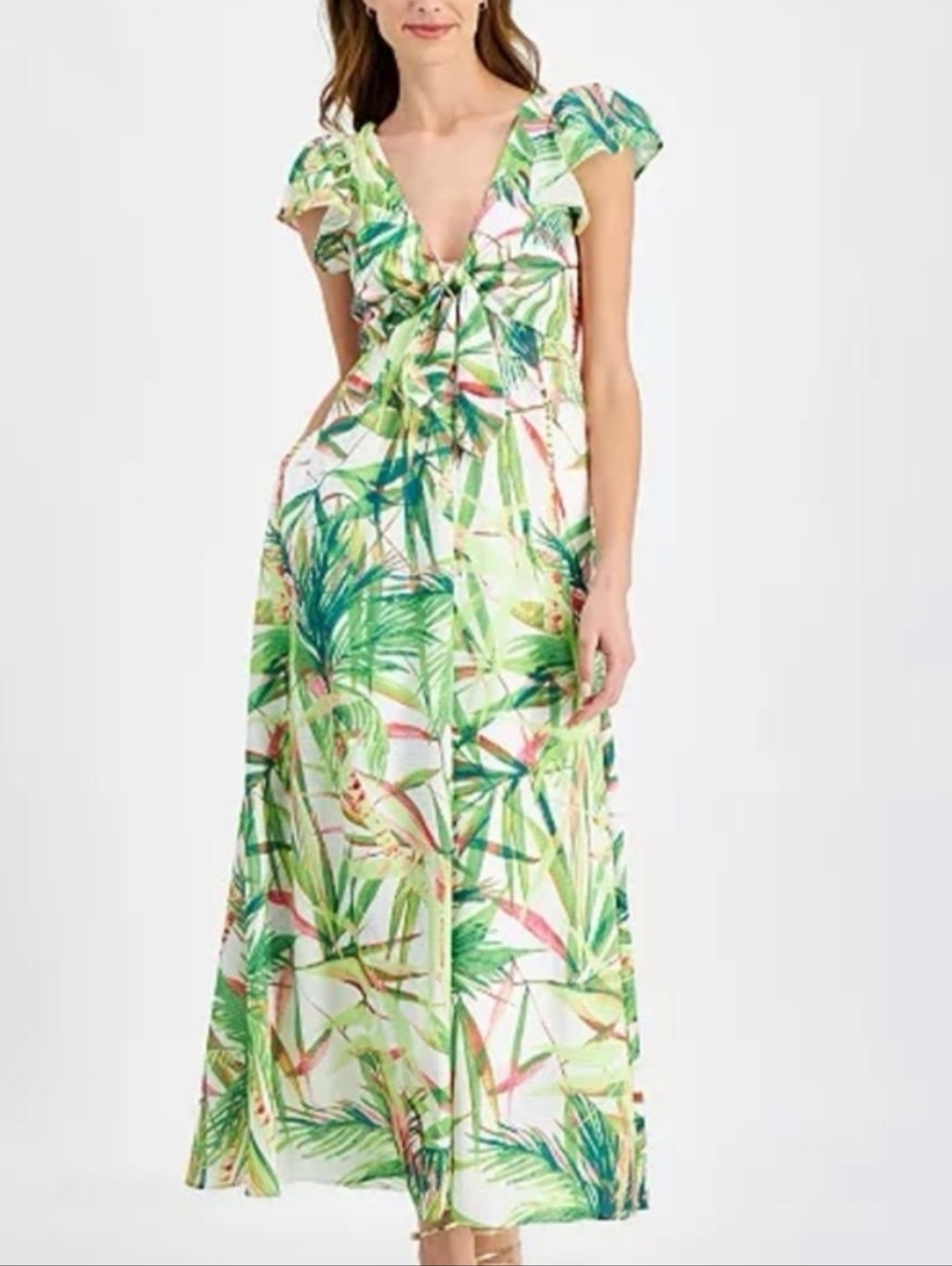 Taylor Tropical Leaf Maxi Dress — White, Green & Coral